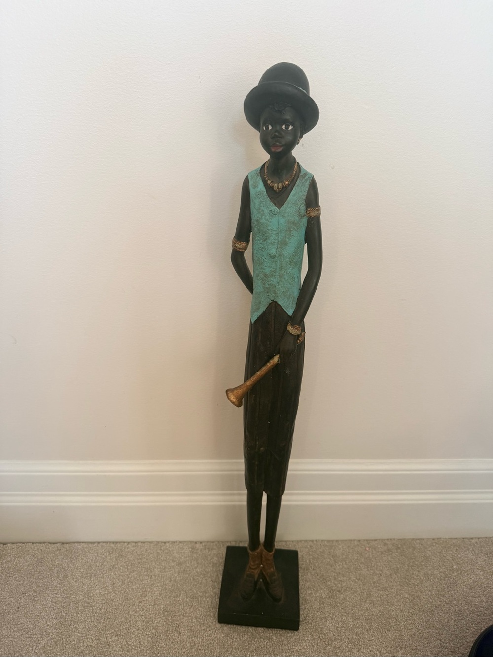 Handcrafted Black & Turquoise Jazz Musician Sculpture - Home Art